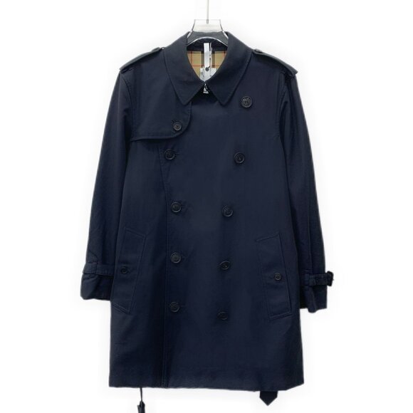 CM0217 Burberry Navy Double-Breasted Trench Coat With Classic Check Lining - Picture 1 of 7